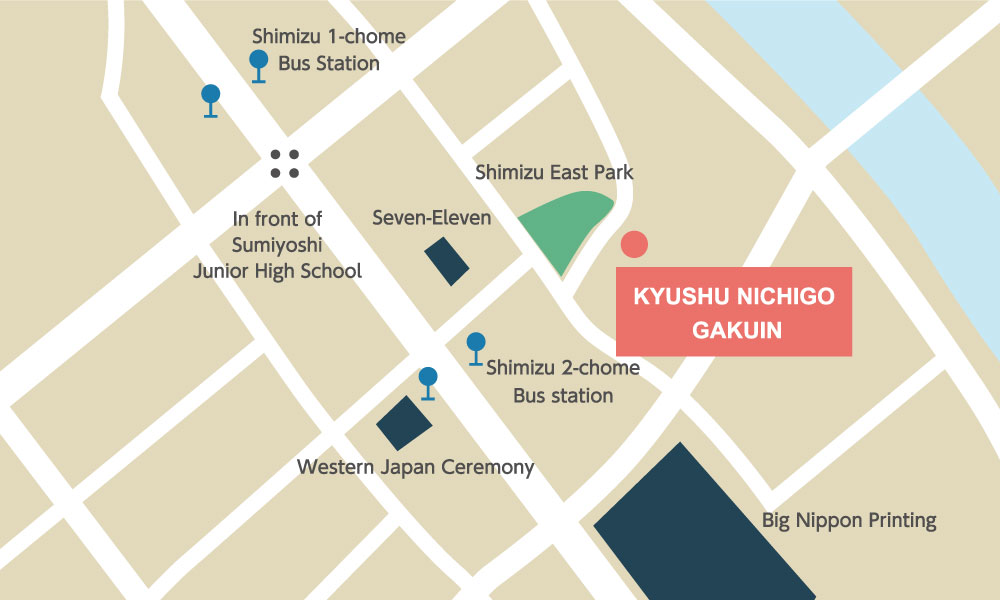 バス停から九州日語学院までの地図